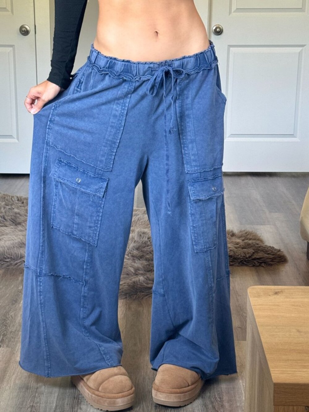 Easel Ultra Wide Leg Baggy Cargo Pants Size L Blue Terry Knit Gypsy Boho Hippie
